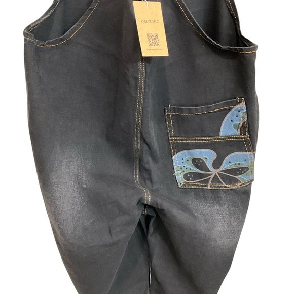 OMYCHIC Flower Club Loose Relaxed Fit Black Denim Overalls Pockets - Picture 9 of 13